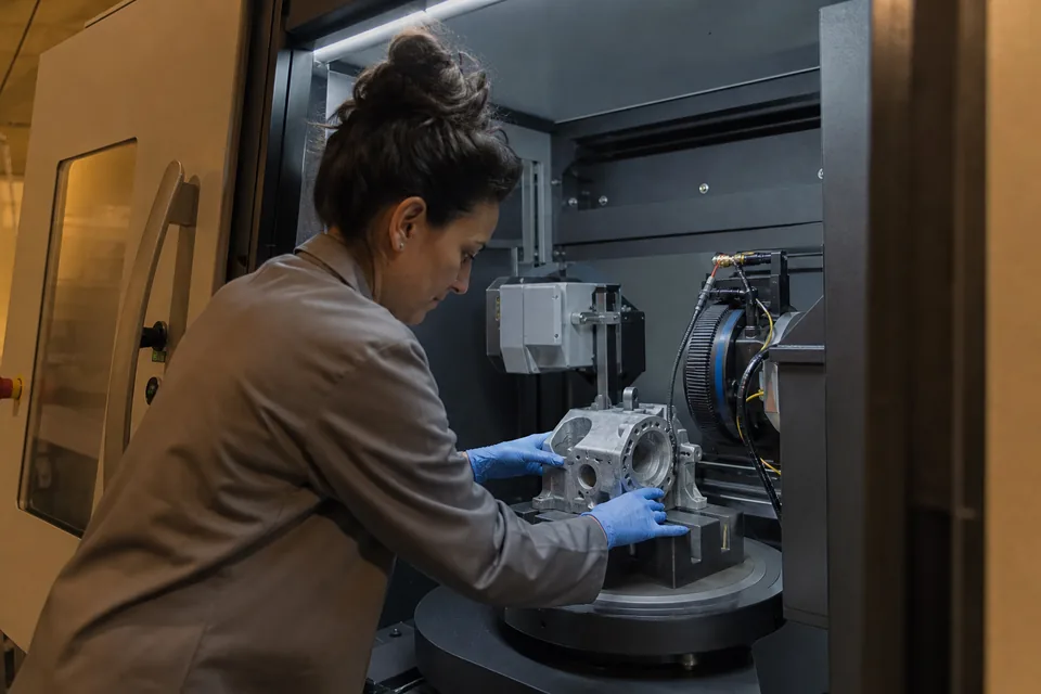 A lab technician positioning an aluminum casting on the rotary stage inside an industrial CT cabinet