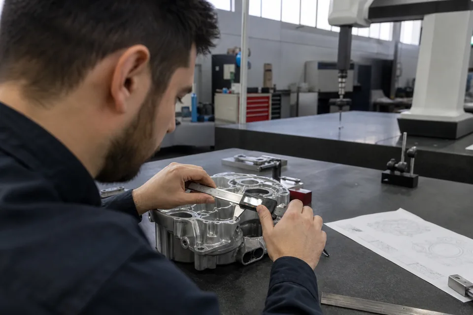 A quality engineer measuring an aluminum casting with calipers beside a drawing on the shop bench