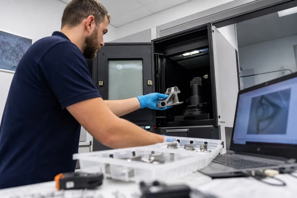 A lab technician loading a machined part into an industrial CT cabinet