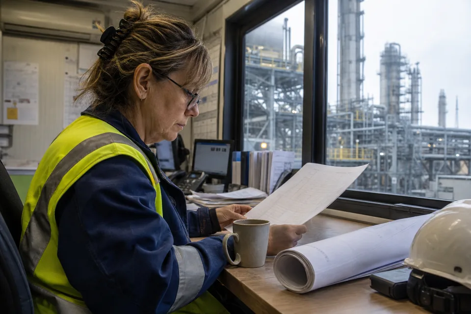 A reliability engineer reviewing a printed inspection request at a plant office desk with a pipe spool drawing